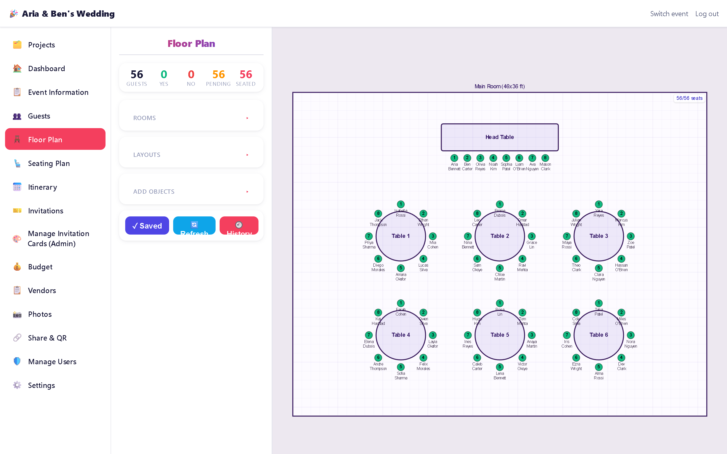 Clink and Mingle floor plan with seated guests