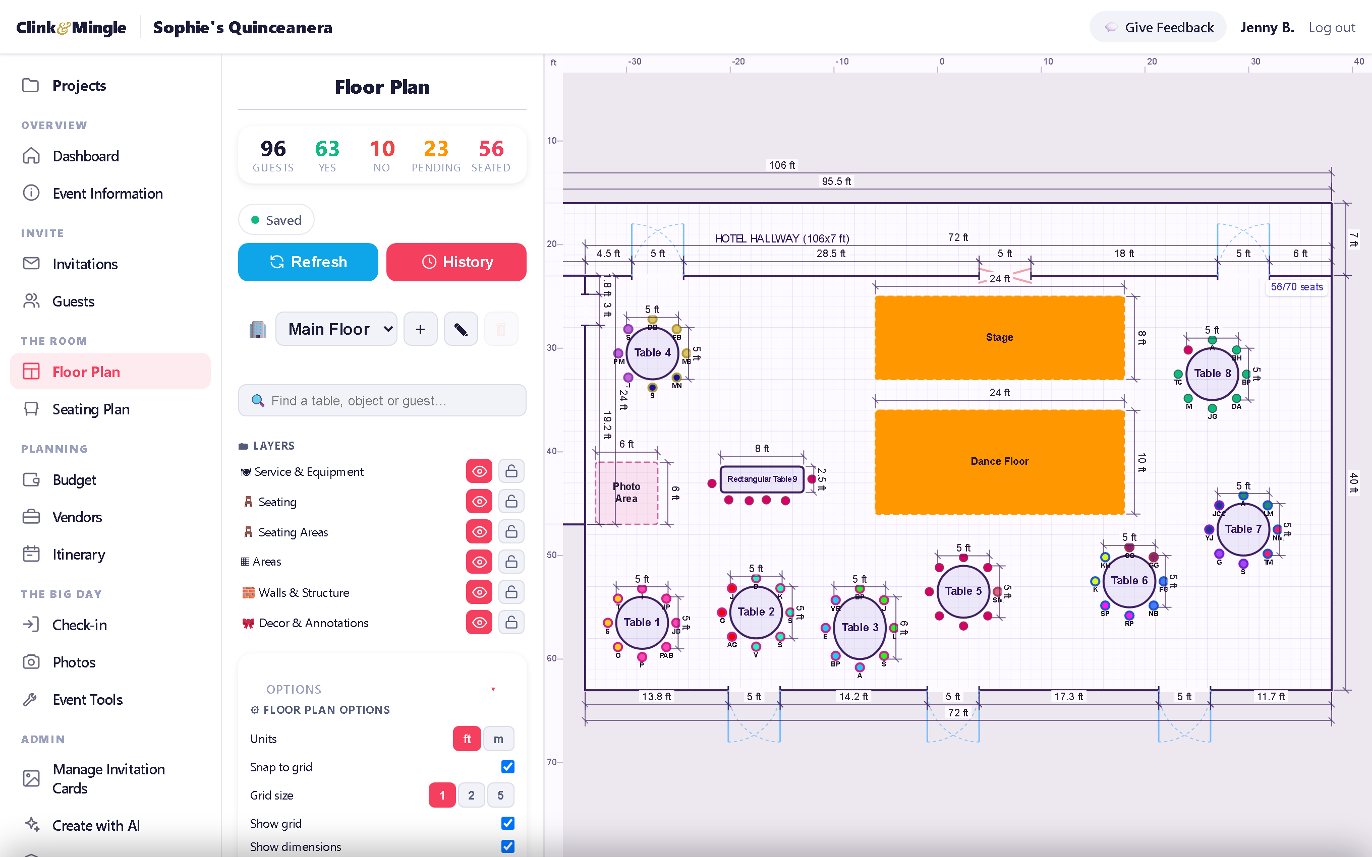 A true-to-scale floor plan: hotel ballroom with stage, dance floor, measured walls and doors, and eight seated tables