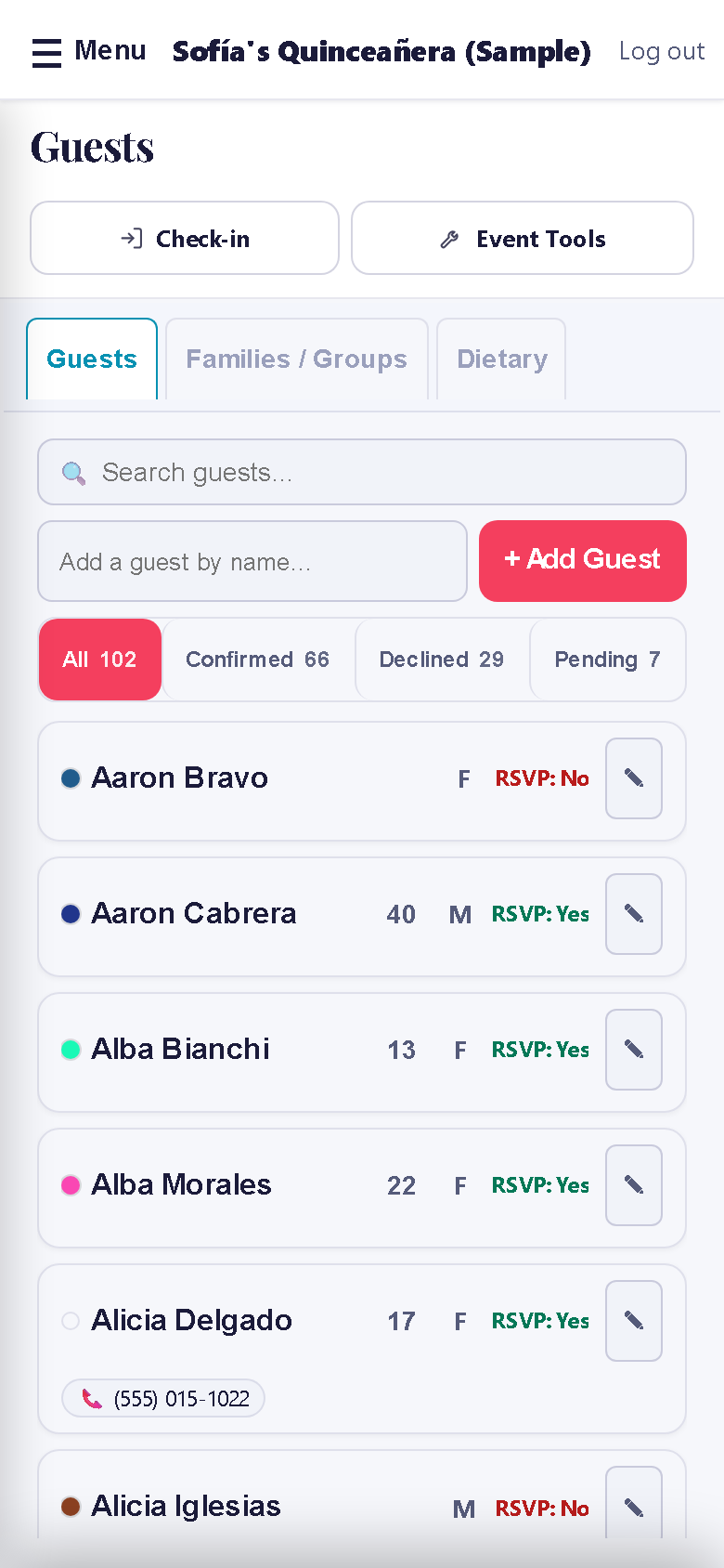 The guest list on a phone: RSVP states, VIP stars and family groups